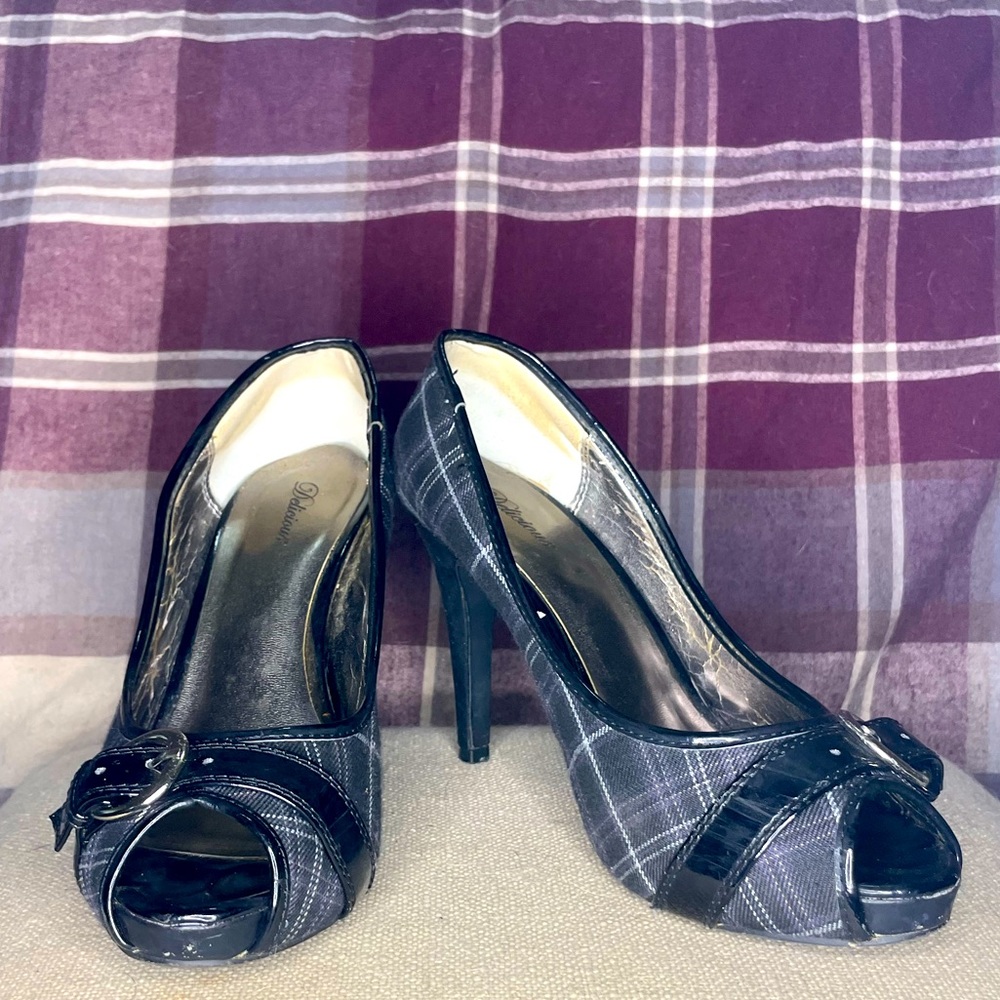 Black Plaid Print Buckle Heels